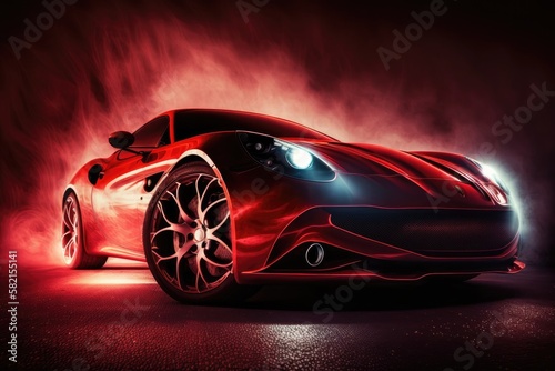 Modern red sports car in a spotlight. Generative AI