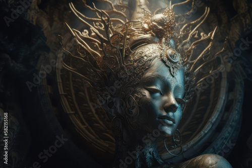 Abstract image of a woman with spiritual ornate headdress in a gothic like background. Generative Ai.