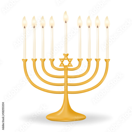 Traditional gold menorah with nine lit candles and Star of David. Isolated on transparent background. Vector illustration.