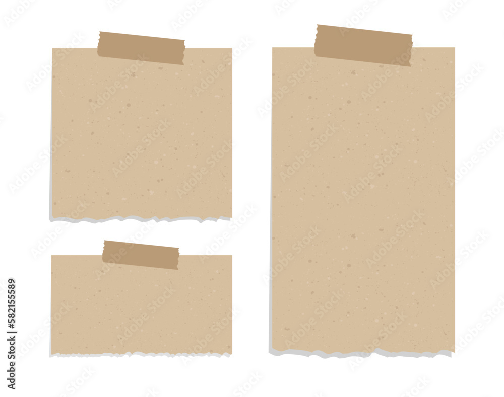 Vintage brown torn paper note set. Recycled memo paper with adhesive tape vector illustration.