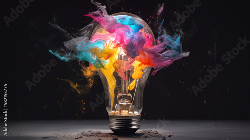 Lightbulb eureka moment with Impactful and inspiring artistic colourful explosion of paint energy. Generative Ai. © cfhdesign