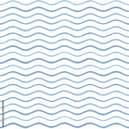 Seamless Wave Pattern, Hand drawn water sea vector background. Wavy beach print, curly grunge paint lines, watercolor stripes