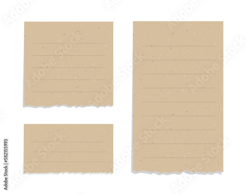 Vintage brown torn paper note set. Recycled memo paper with adhesive tape vector illustration.