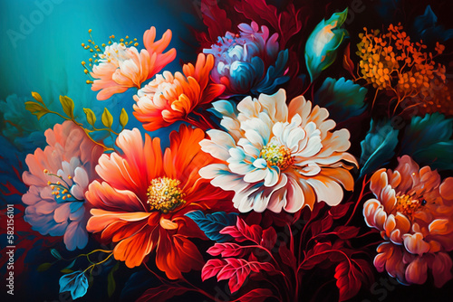Colorful flowers on a canvas painted with oil paints - Generative Ai