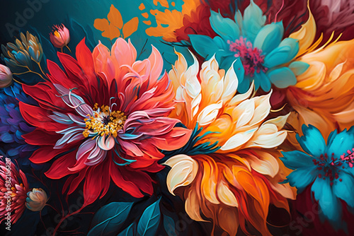 A Garden Symphony with the stunning colorful flowers in oil painting - Generative Ai
