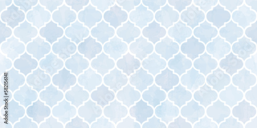 Moroccan Seamless Pattern. Arabic Mosaic Watercolor Ornament. Eid Mubarak Muslim Background. Ramadan Kareem Islamic Illustration. Turkish Mosque Window Shape.