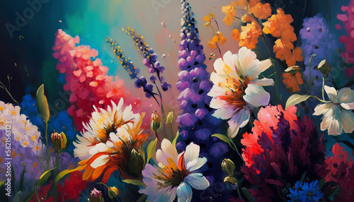 Beautiful canvas of vivid flowers in oil painting - Generative Ai