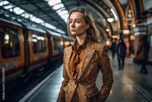 Beautiful executive business woman waiting for the train on the platform in a European city, dressed in a suit jacket. Modern and independent. Leadership. Illustration. Generative AI