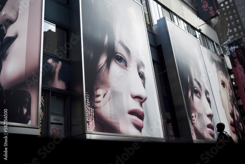 billboard with photography at city street. Ilustration. Generative AI