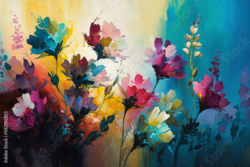Vivid Flowers Fields, beautiful pattern in oil painting - Generative Ai