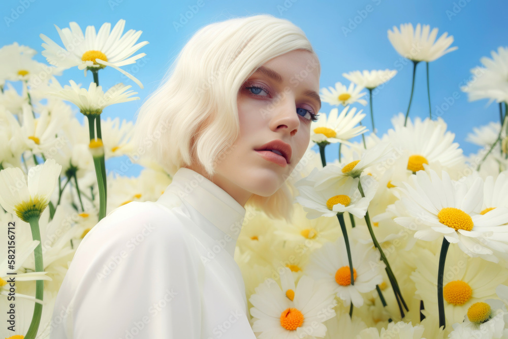 portrait woman model, blonde with bob haircut surrounded by white flowers in a meadow in spring. Illustration, Generative AI