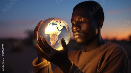 Young African person holding an illuminated Earth globe in front of their face. with a renewed sense of hope for humanity. Generative Ai