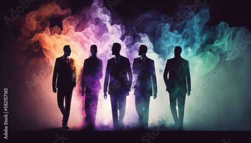 5 business people in suits silhouetted walking out of coloured smoke. Generative Ai