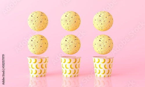 Banana ice cream in a paper cup. Flying yellow ice cream balls. Delicious pattern, the concept of a summer dessert. Three ice creams in a row. 3d render illustration.