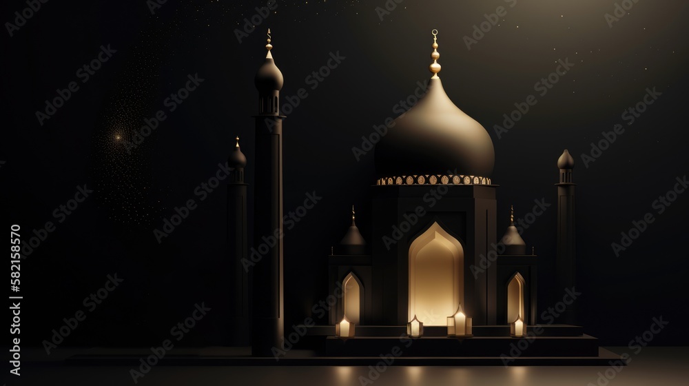 A black and gold background with a mosque and a starry sky. Generative AI