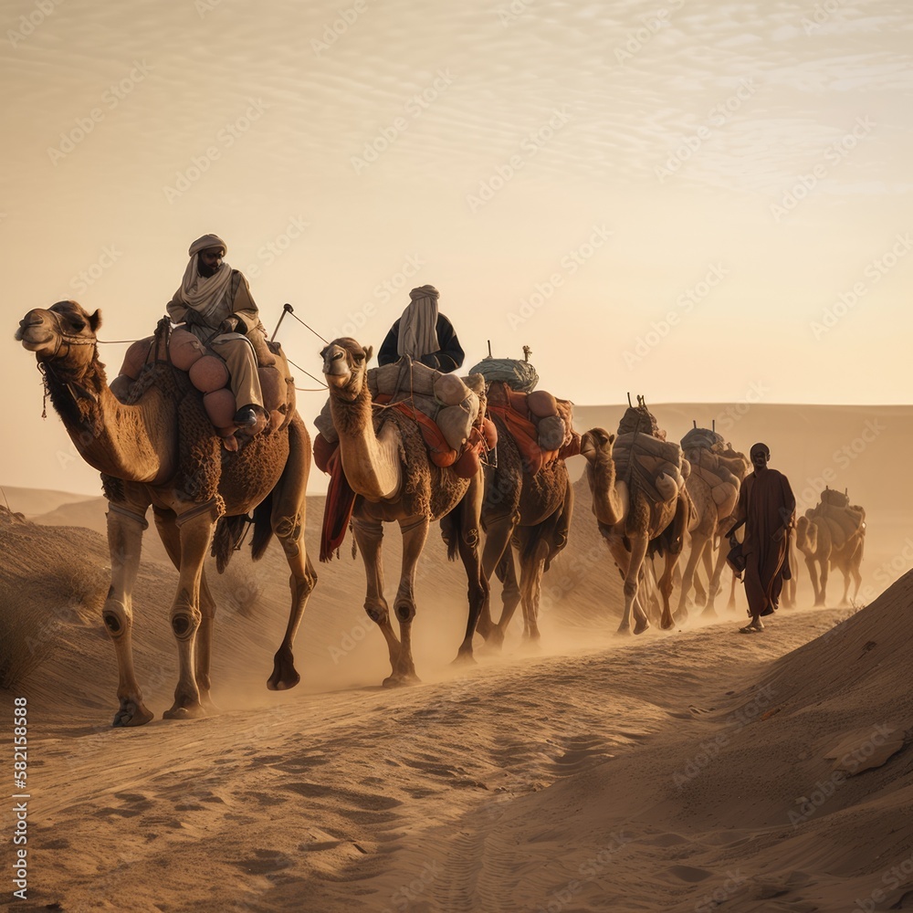 Fototapeta premium A line of camels with a man on the back is carrying a bag of cargo. Generative AI