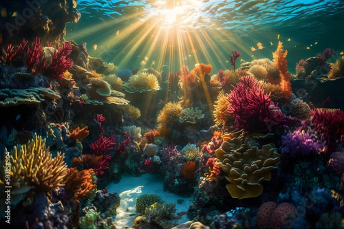Colorful underwater world with sunbeams - Generative AI