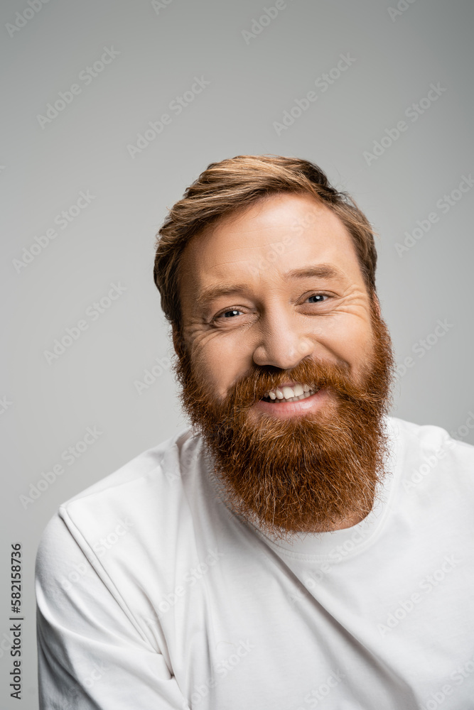 Obraz premium Portrait of overjoyed bearded man looking at camera isolated on grey.