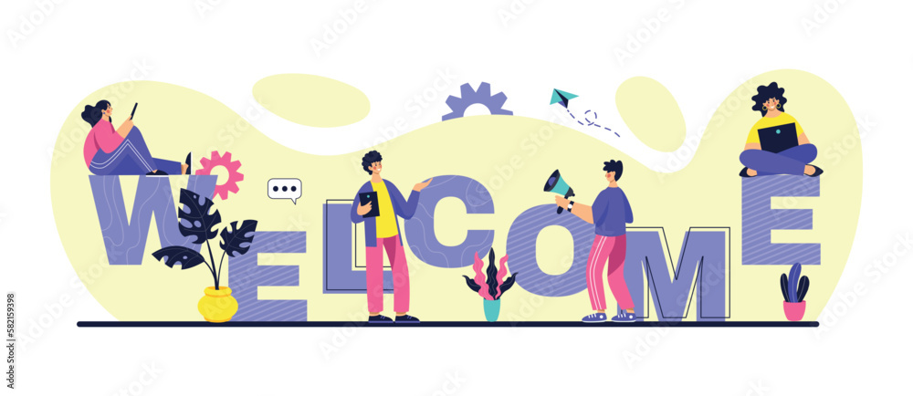 Office welcome page. Presentation message. Greeting word. For new worker. Boss celebration. Employee team members. Invitation lettering. Chatting people. Friends meeting. Vector concept