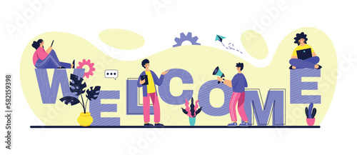 Office welcome page. Presentation message. Greeting word. For new worker. Boss celebration. Employee team members. Invitation lettering. Chatting people. Friends meeting. Vector concept