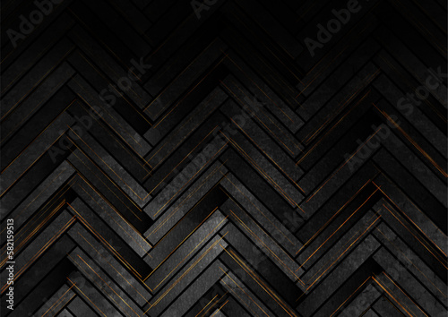 Abstract grunge geometric pattern with black tiles and golden lines. Vector retro design