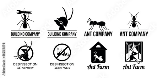 Nature ant logo. Insect symbol. Animal labels. Creative work characters. Workers company. Black silhouette logotype. Desinsection or building corporate. Vector current design icons set