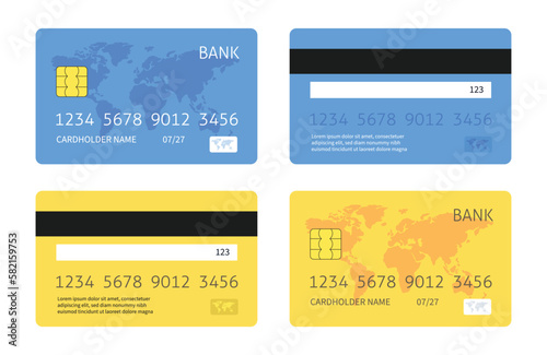 Two credit card back and front sides in different colors. Vector illustration.