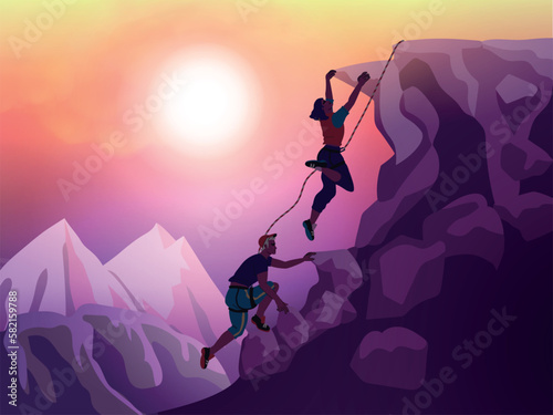 Mountain climbing, conquest climber team. Ascent on summit to goal, solidarity and help, duo cohesion. Man and woman on extreme cliff. Mountaineer exercises. Vector illustration exact concept