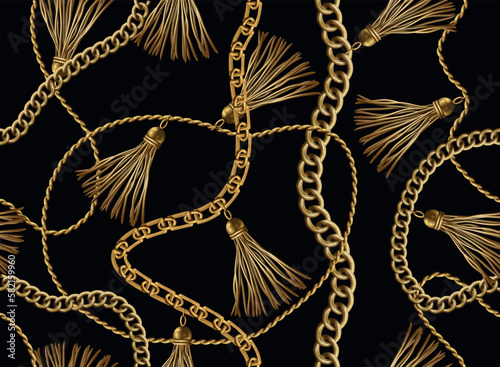 Gold jewelry pattern. Baroque tassels. For black dress with rope and jewel. Ornament scarf or textile print. Luxury accessory. Golden necklace. Vector exact seamless background design