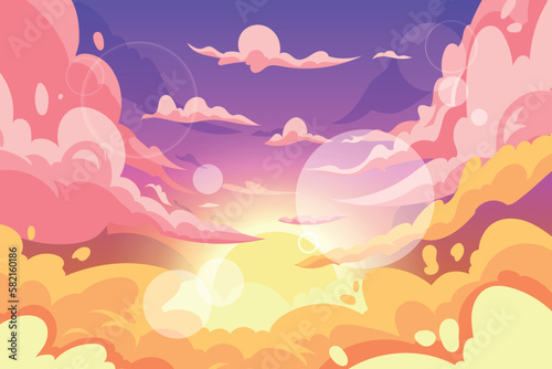 Sunset and sunrise anime cloud sky. Cloudy heaven. Evening landscape. Sun morning scenic scenery. Gradient color horizon. Blue calm cloudscape. Sunny weather. Vector garish background © Natalia