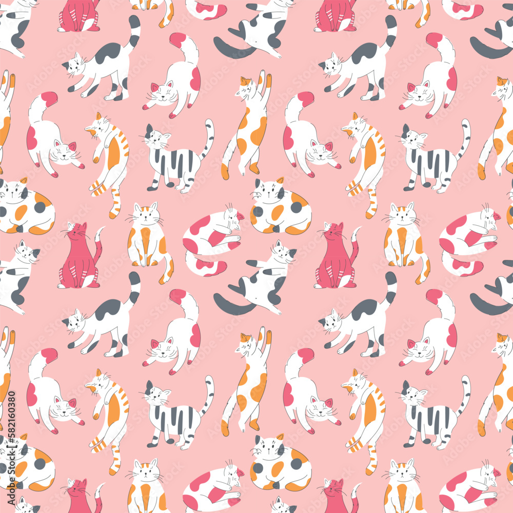 Cute cat pattern for fabric. Repeat kids drawing for cover or wallpaper design, doodle drawing fashion scandinavian textile design. Wrapping paper or prints. Vector garish seamless background
