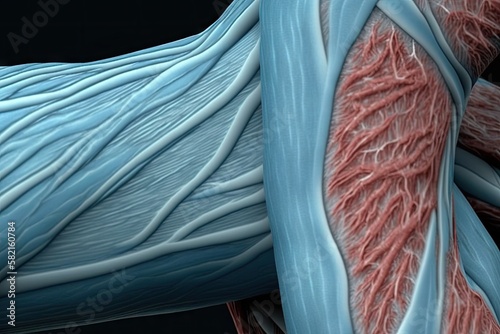 light blue crossed muscle fibers of arm close-up, created with generative ai photo