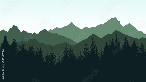 Adventure outdoor camping hiking climbing wildlife background - Green silhouette of mountains peak rock and forest woods fir spruce trees, realistic landscape panorama illustration icon vector.