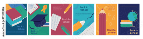 School book cover, creative posters collection. Graphic university education, cute abstract banner or card, fun student paper. Notebook covers, educational design vector utter concept