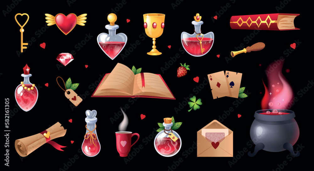 Magic love potions for Valentine witch. Magical drink. Heart stickers