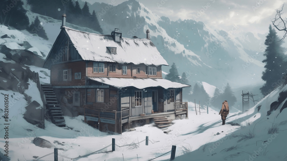 Cottage in a snowy mountain, Cabin in the alps, Traveler walking into cabin, Snowy Landscape