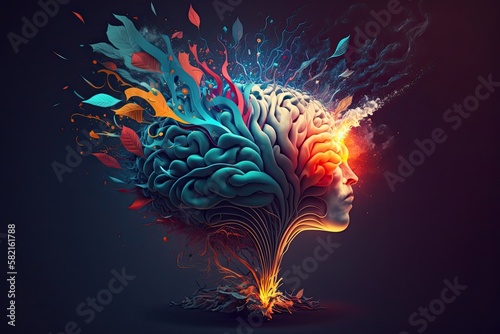 Illustration of a human brain with colorful and imaginative design elements. Representing creativity, innovation, imagination, and ideation for artistic and knowledge. Generative AI photo