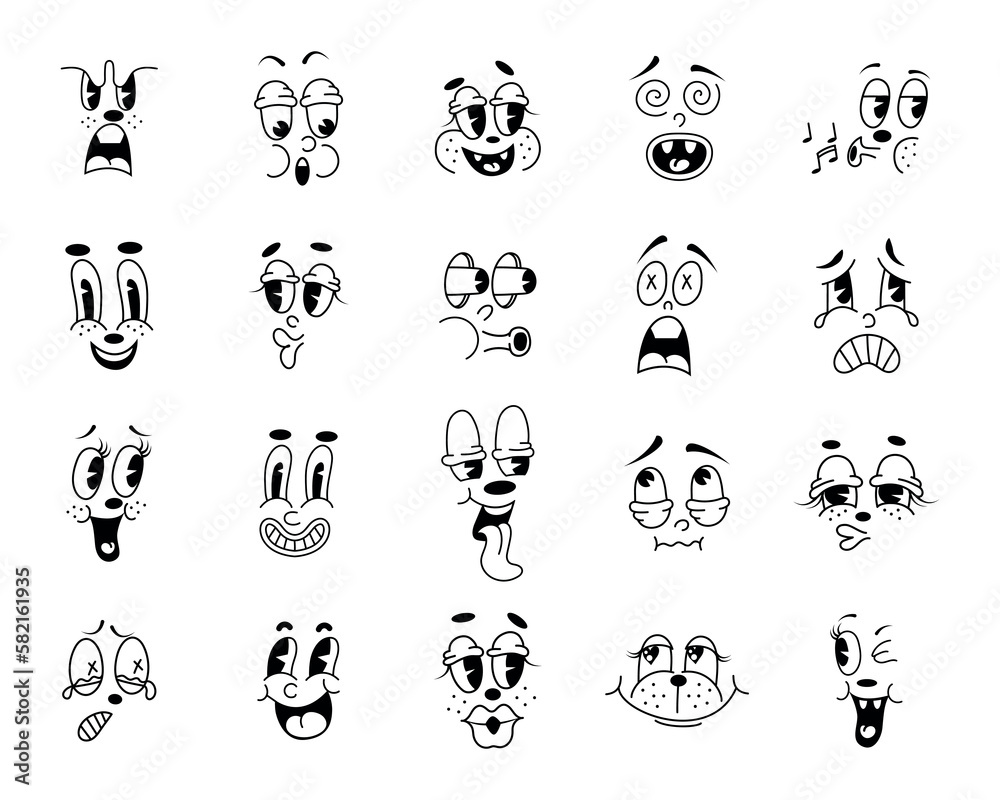 Obraz premium Retro faces, vintage mascot eyes and quirky mouth. Funny comic simple characters collection, animation logo collage, cute doodle drawing isolated elements. Vector cartoon current illustration