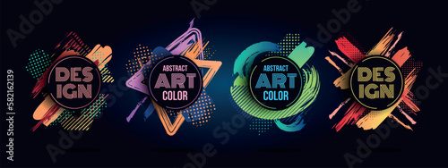 Graphic covers, paint brush frames. Color splash with logo for motivational phrases, ornaments for business brochure or flyer. Round frame, copy space. Vector current modern abstract design