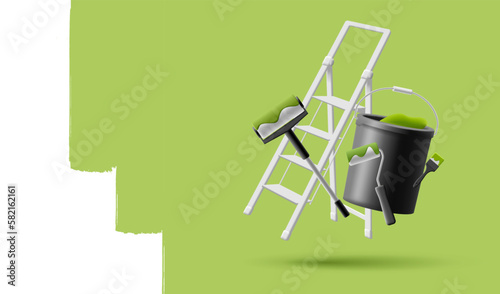 Painting the premises in green ecological color. 3d bucket with leaking paint, ladder and tools for painting the wall.