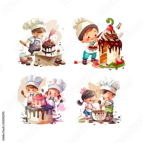 KIDS PLAYING AS CHEF MAKING BIRTHDAY CAKE CARTOON VECTOR