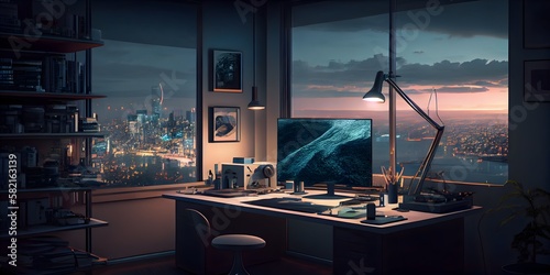 Working in Style - A Corner Office with Modern Furniture and evening City Views, generative AI