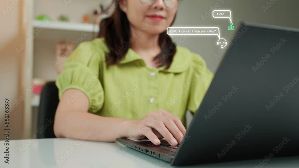 Chat AI concept, intelligent assistant technology to auto chat. A woman using a computer to search for information using the internet. Chat AI concept, intelligent assistant technology to auto chat. A woman using a computer to search for information using the internet.