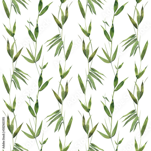 Bamboo leaves and twigs on a white background. Watercolor illustration. Seamless pattern. For fabric  textiles  wallpaper  covers  prints  packaging  paper  scrapbooking clothing bed linen.