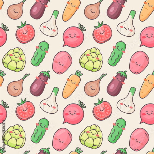 Seamless vector pattern with cute vegetable characters.