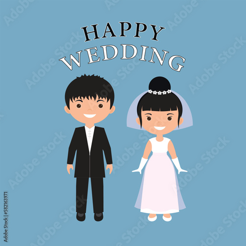 Cartoon illustration of a man and woman couple celebrating their wedding day. Suitable for any content about the celebration of the wedding day. Vector graphics of happy wedding.