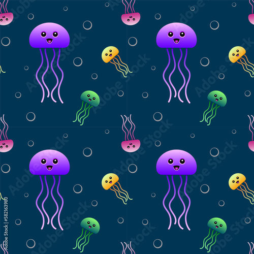 Jellyfish seamless pattern. Colorful cartoon creatures and bubbles. Vector design. 