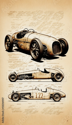 vintage car diagram parts, generative Ai