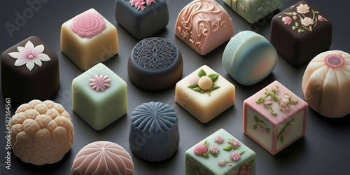 Wagashi assortment. Various shapes and colors of Japanese wagashi confectionary. Wagashi is a traditional form of Japanese sweets. Generative AI.
 photo