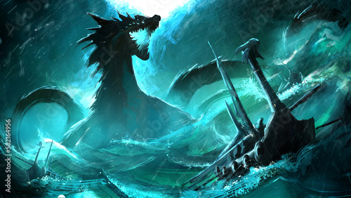 A huge Scandinavian mythical dragon in the blue night sea in a storm attacks Viking ships raising giant waves, it has spikes, long tails and glowing eyes, it opens its glowing mouth and screams 2d art
